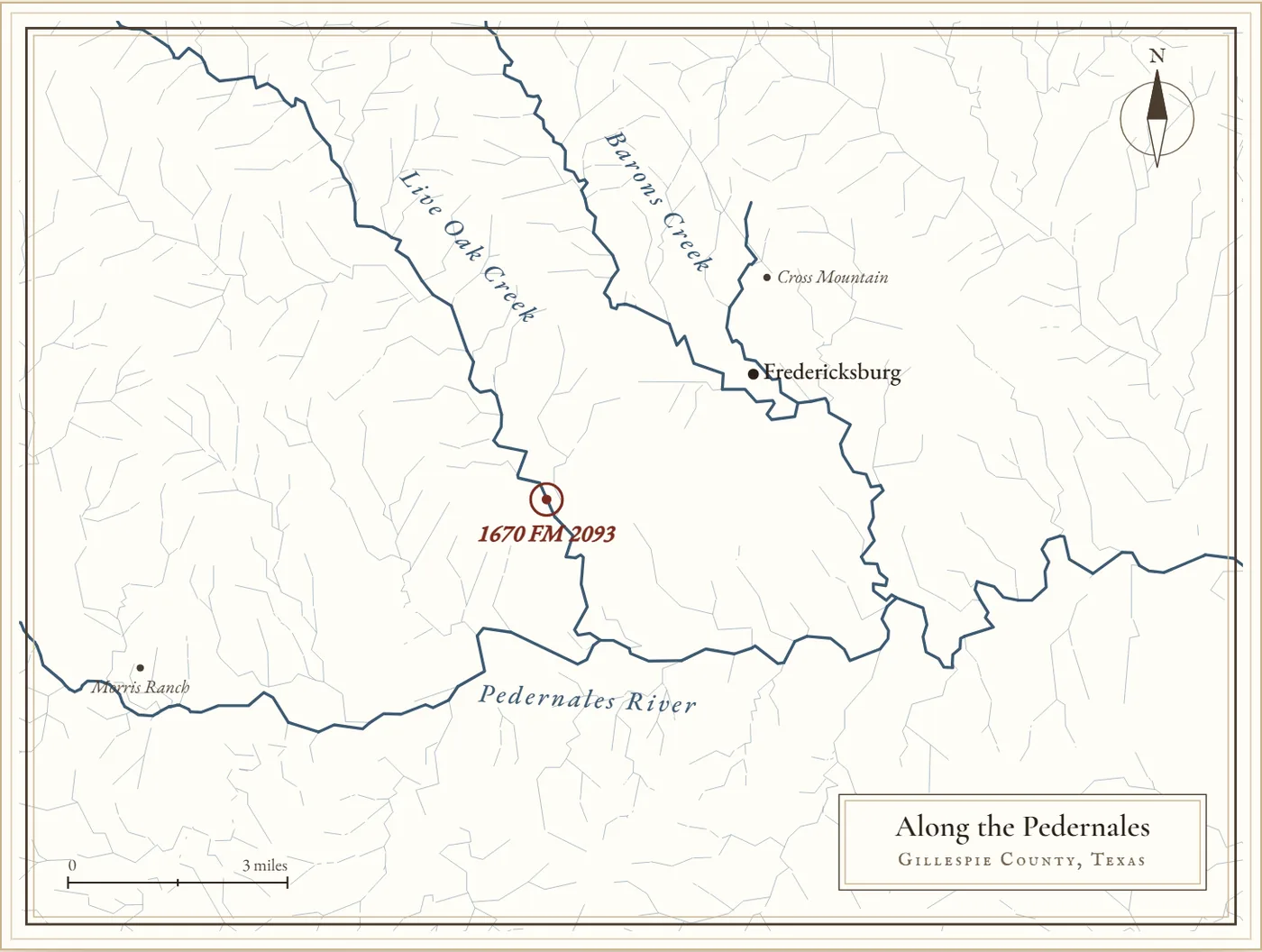 A map drawn in an old style: Live Oak Creek, the Pedernales River and Fredericksburg, with the land ringed in red.