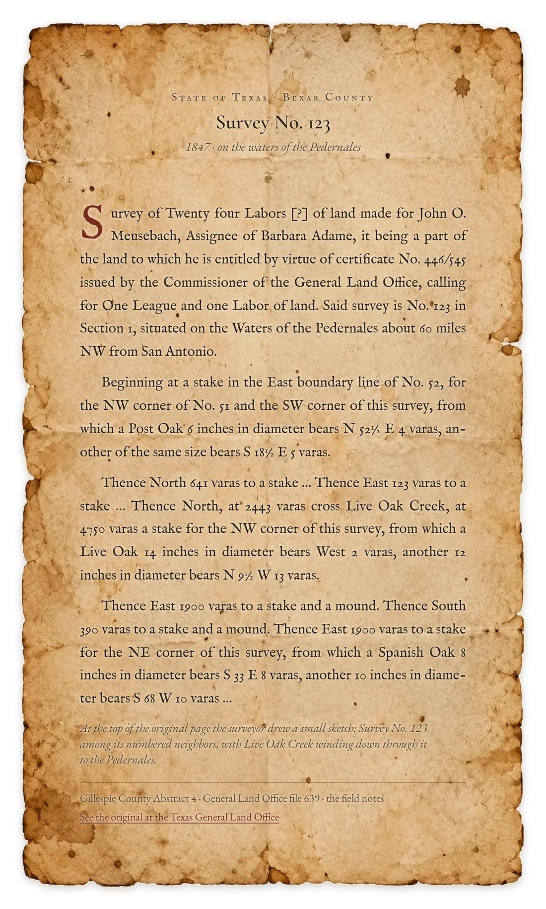 The surveyor's field notes for Survey No. 123, 1847, typeset on old paper.