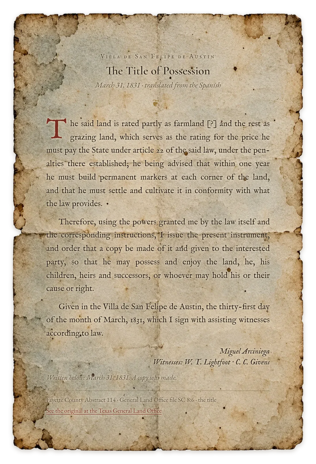 A typeset translation of James Winn's 1831 title of possession on an old, stained sheet of paper with torn edges.